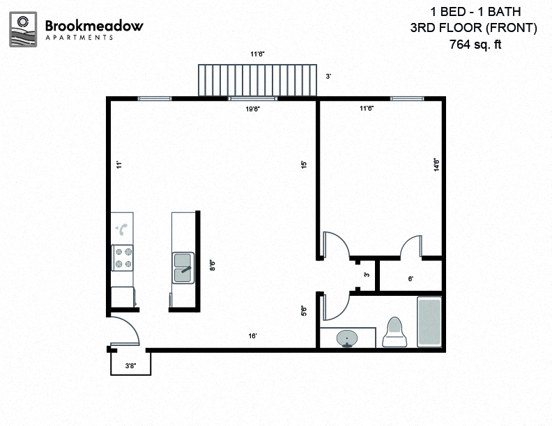 Floor plan for 1 bed, 1 bath, 756 sqft